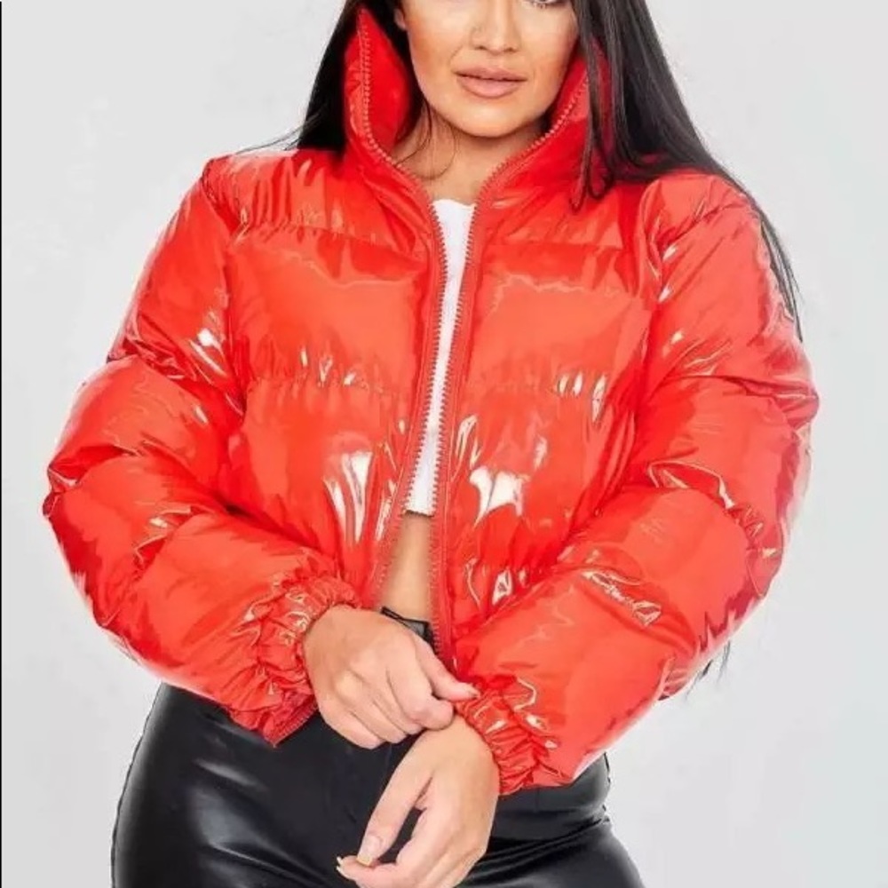 Red puffer coat